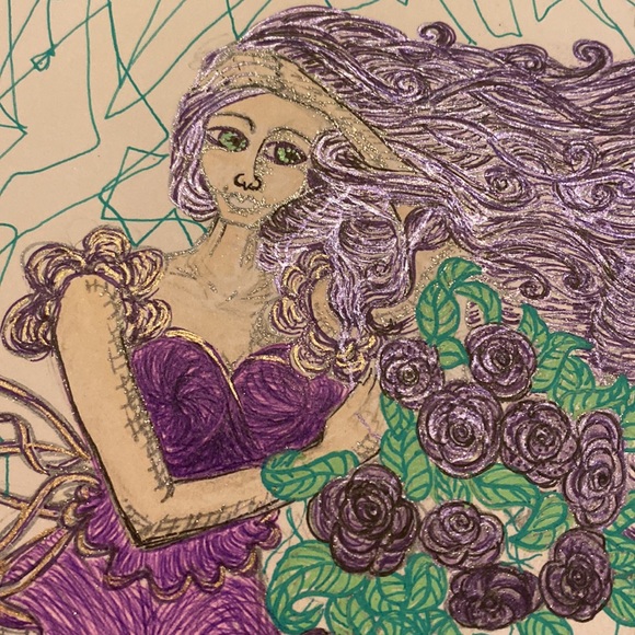 Unframed Original Art Drawing Illustration Purple Woman w Flowing Hair & Dress - Picture 2 of 3